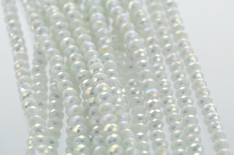 6mm x 4mm WHITE AB Faceted Glass Crystal Rondelle Beads . 11" strand . Bgl0011c