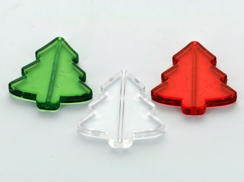 6 Christmas Tree Beads, clear acrylic Lucite  40x40mm, MIXED COLORS  2 each of red, clear, green . bac0131
