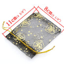50 Organza Bags, black with gold heart and bells, 11cm x 8cm, 4.5" x 3.25"  bag0003