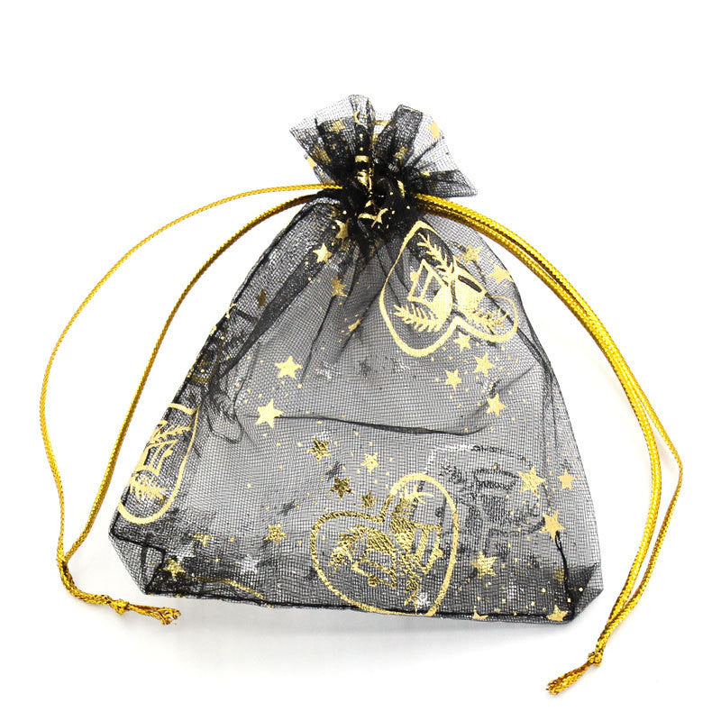 50 Organza Bags, black with gold heart and bells, 11cm x 8cm, 4.5" x 3.25"  bag0003