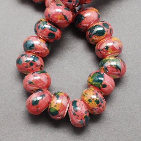 10 Large Hole Ceramic Glass Beads, 12mm x 9mm . swirly pink, blue, green,yellow, black colors  bgl0652