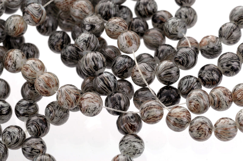40 Round Glass Beads, SWIRL Brown, White, Black, 10mm bgl0285