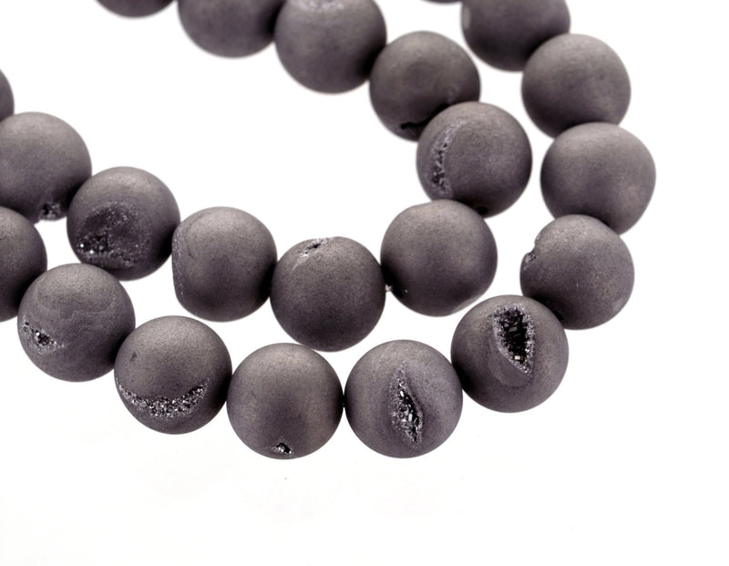 2 Round Beads, Titanium Coated Crystal DRUZY QUARTZ, platinum silver color  14mm gdz0037