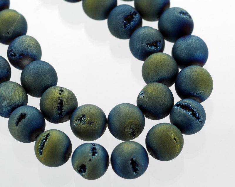 2 Round Beads, Titanium Coated Crystal DRUZY AGATE, blue, green, yellow  14mm gdz0034