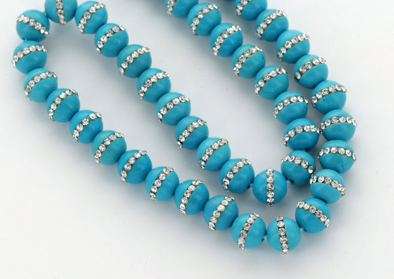 4 Beads, Turquoise Blue Howlite Gemstones with Rhinestone Accents  9mm x 8mm how0329