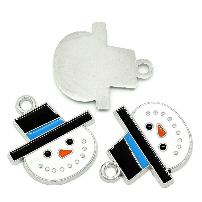 2 Silver Enamel SNOWMAN HEAD Christmas Charms Pendants che0224