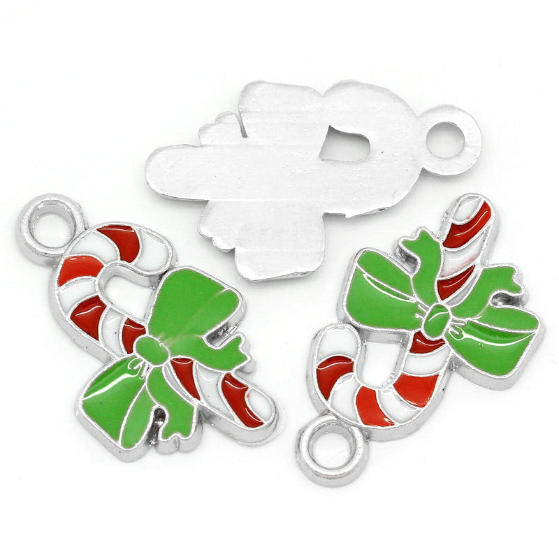 2 Silver Enamel CANDY CANE Christmas Charms Pendants che0219