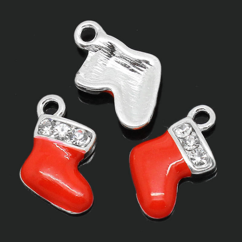 2 Silver Enamel and Rhinestones RED STOCKING Christmas Charms Pendants che0206