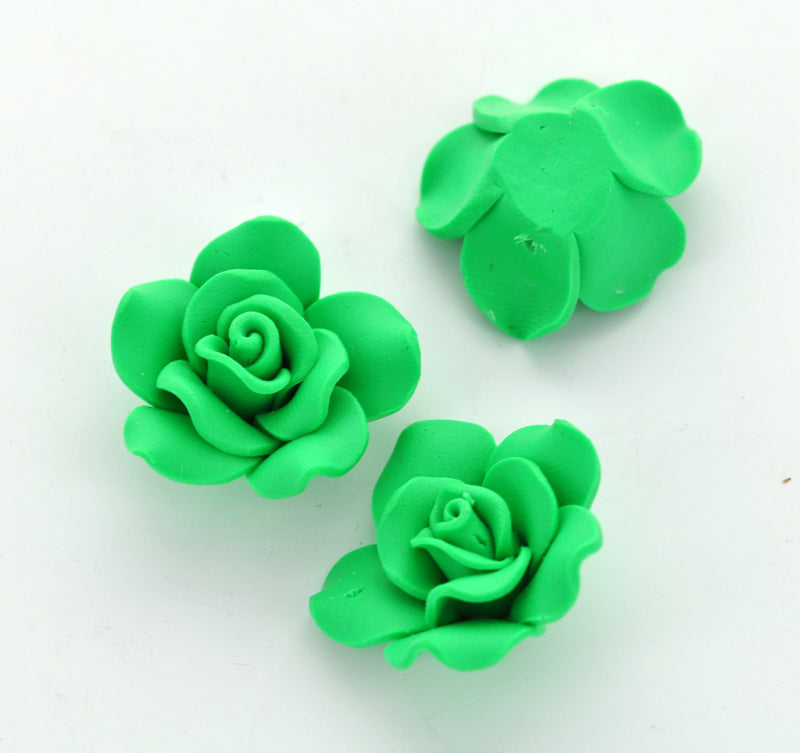 4 Medium KELLY GREEN Polymer Clay Rose Flower Beads 30mm (about 1.25" x 0.5") pol0023