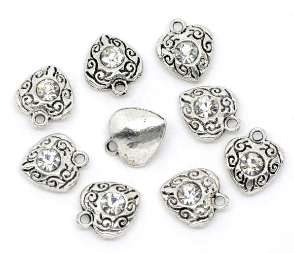 10 Silver Metal Rhinestone HEART Charm Pendants . clear crystals as shown chs0740