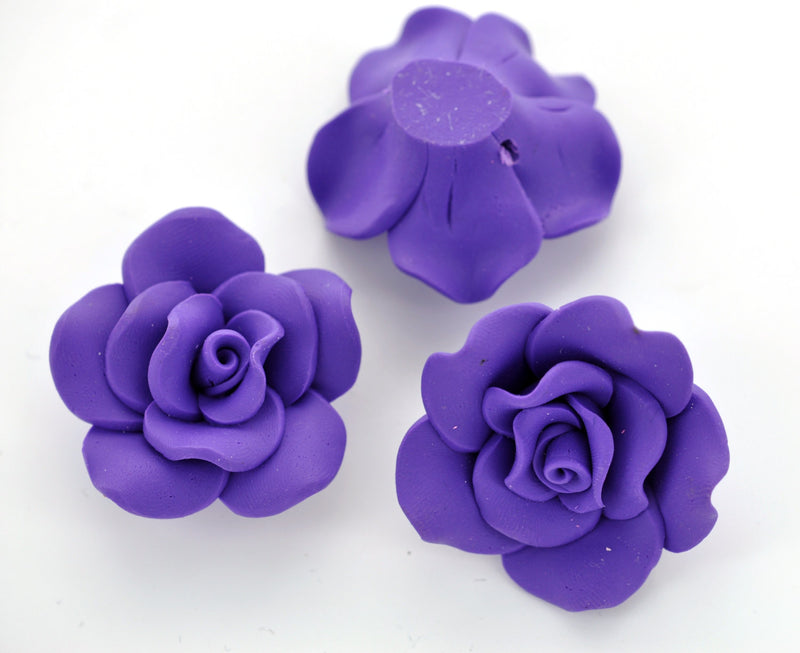 2 Large GRAPE PURPLE Polymer Clay Rose Beads  1.5" diameter pol0006