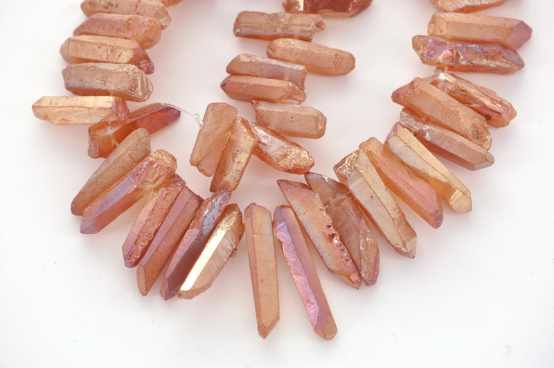 12 Beads, Titanium Coated Crystal Quartz Tusk or Point Beads . genuine gemstones, rainbow metallic surface, rosy peach  gqz0009a