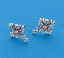 4 pair (8 earrings) filigree antiqued silver with pink rhinestone and bottom loop, post style  fin0329