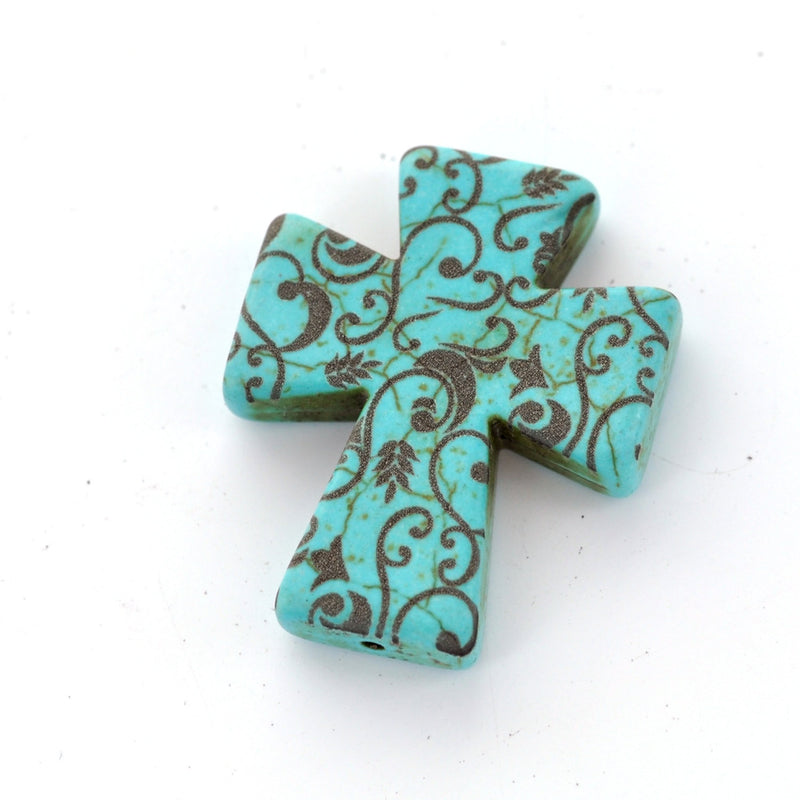 1 Laser Engraved Turquoise Blue Howlite Gothic Cross Pendant Beads, drilled top to bottom, 50mm x 40mm LAS0003