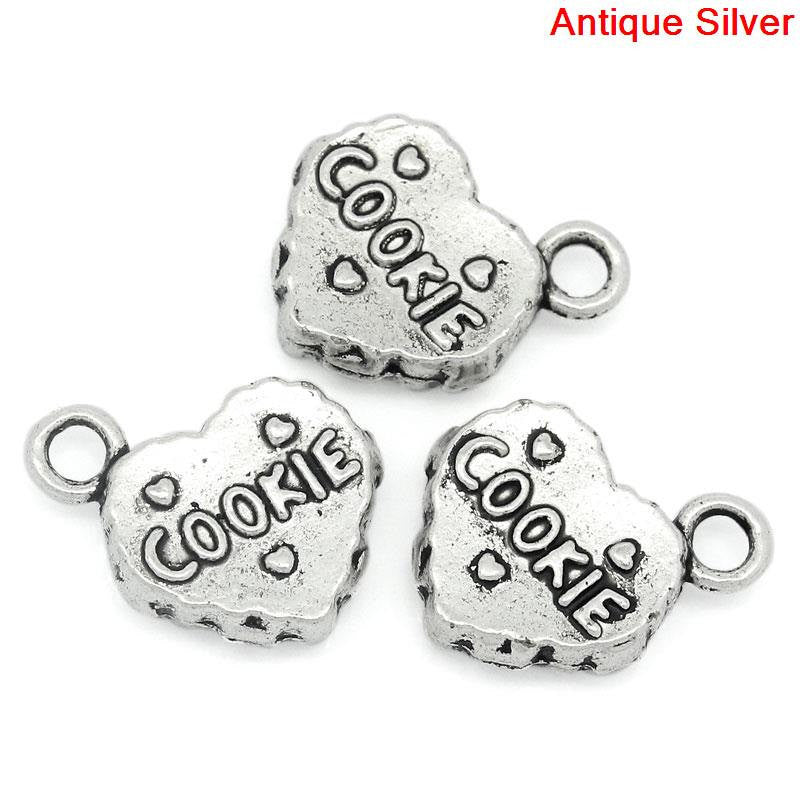 10 Silver Pewter Double HEART COOKIE  Baking Charm Pendants chs1060