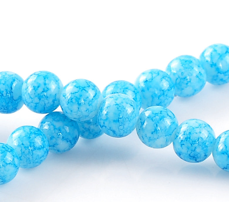 100 Round Glass Beads, turquoise blue and white marbeling, marble pattern, 8mm bgl0681