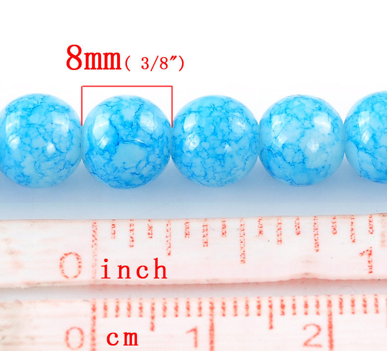 100 Round Glass Beads, turquoise blue and white marbeling, marble pattern, 8mm bgl0681