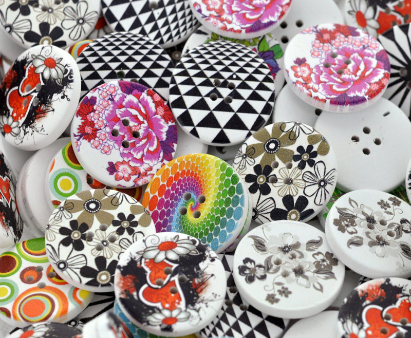 20 Large Painted WOOD BUTTONS . 30mm . Scrapbooking . Beading . Sewing  mixed geometric designs, bright colors, but0137