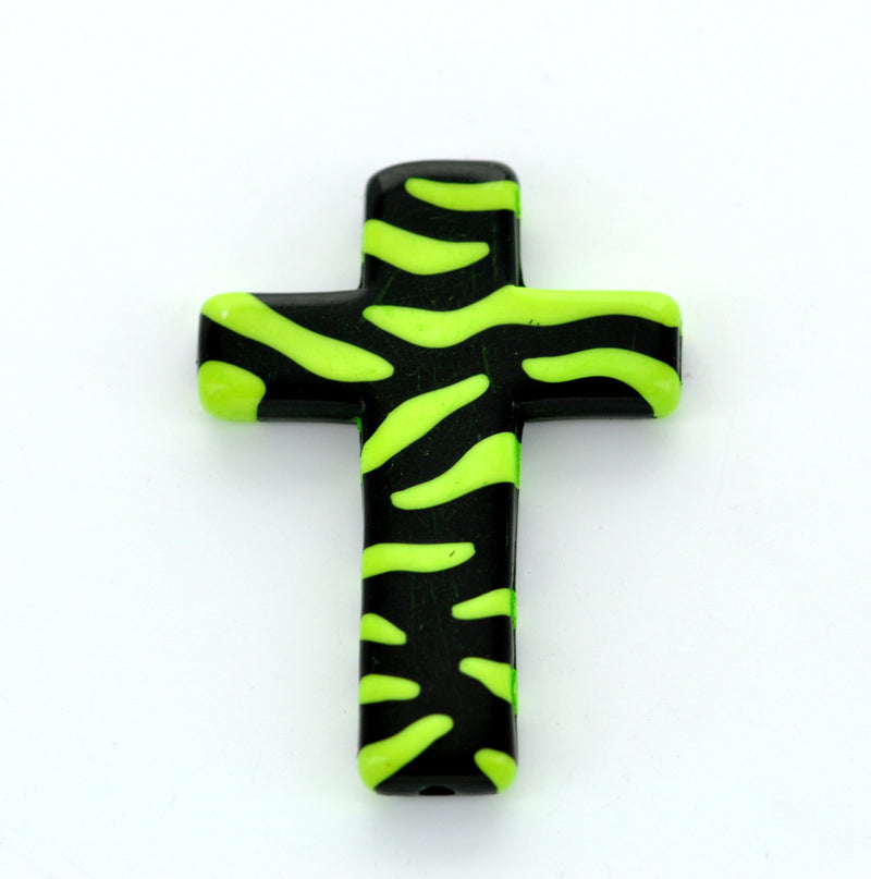 Tiger or Zebra Stripe Print Lucite CROSS beads, Black and lime green . 4 pc . bac0199