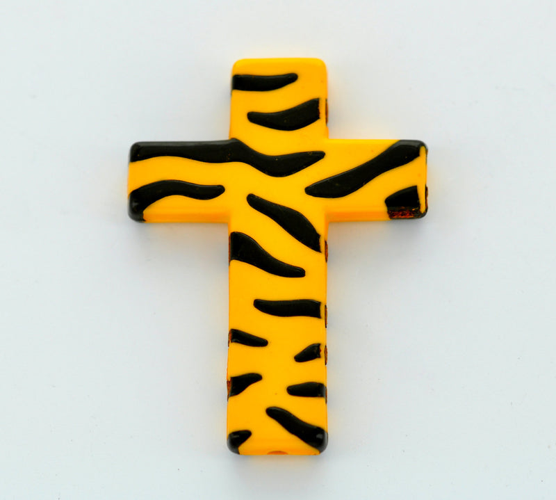 Tiger or Zebra Stripe Print Lucite CROSS beads, Golden yellow and black. 4 pc . bac0204