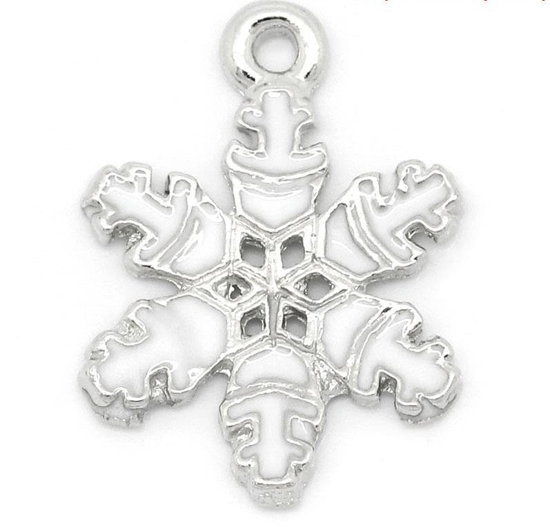 2 White Enamel SNOWFLAKE Charm Pendants, Silver Metal che0210