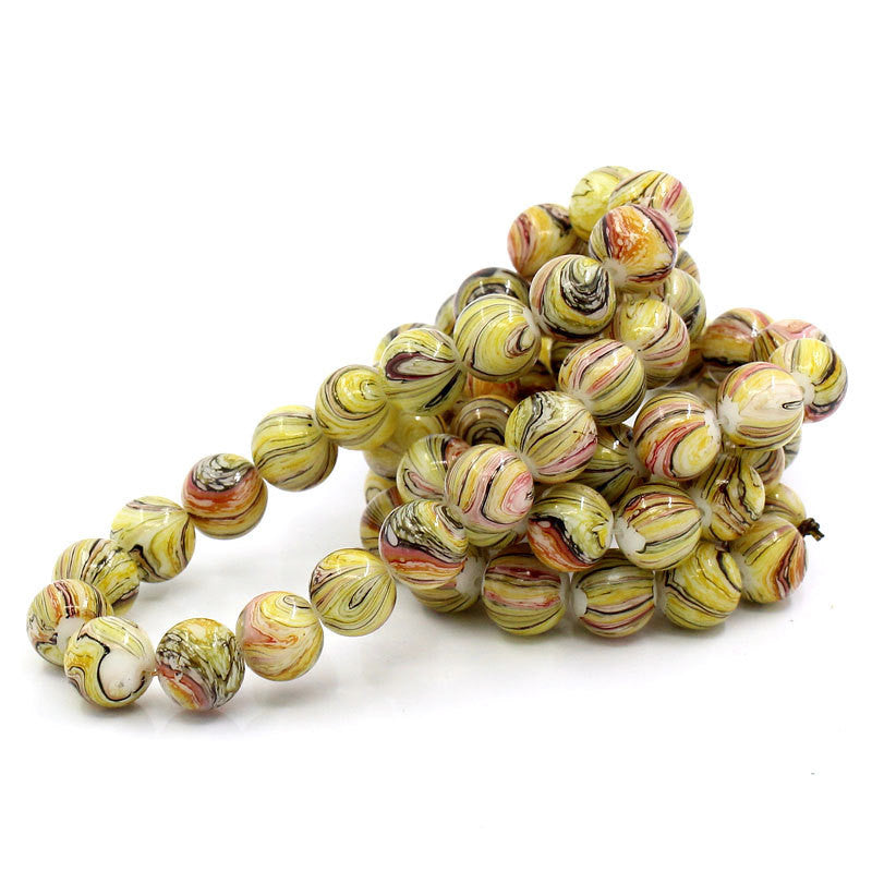 12mm Yellow, Pink, White and Black Striped Glass Beads . 30 beads . bgl0265