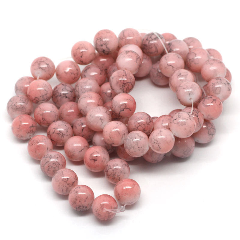 12mm Rose PINK and BLACK Swirl Marble Glass Beads . 30 beads . bgl0263
