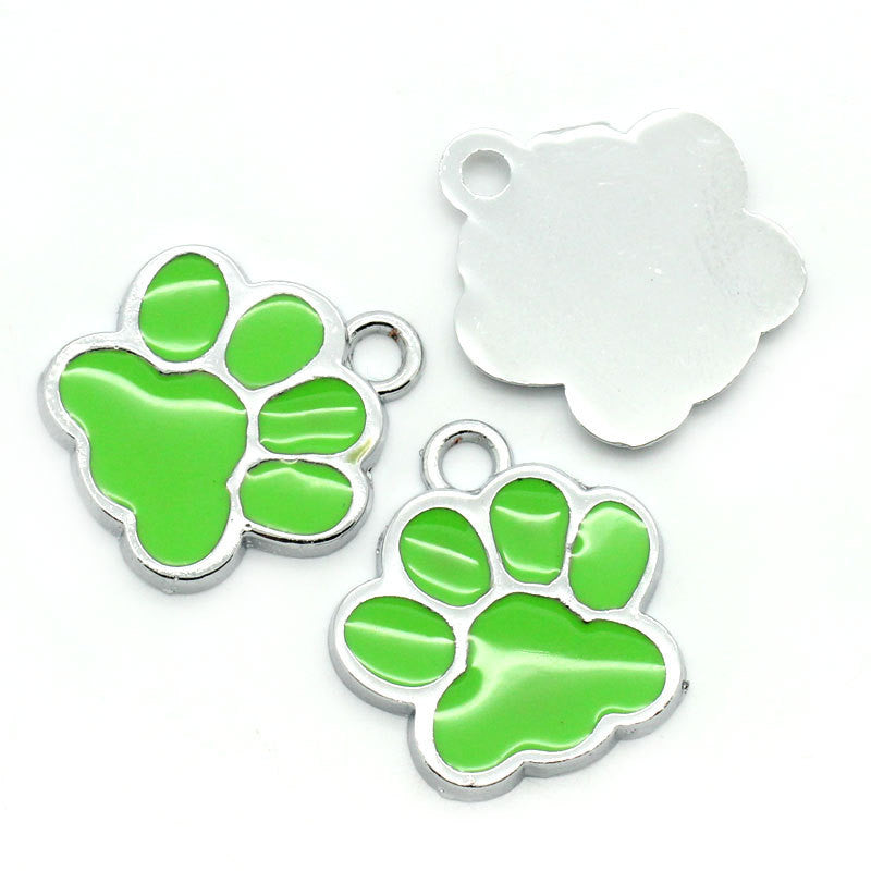 2 Silver Pewter and Enamel Green PAW PRINT School Mascot Charm Pendants. che0057