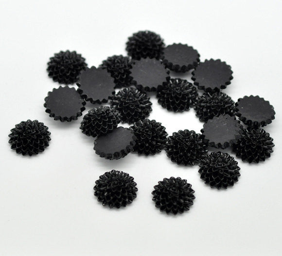 10 Resin Flower Cabochons, Chrysanthemum Mum . JET BLACK  .  15mm  cab0144