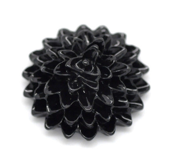 10 Resin Flower Cabochons, Chrysanthemum Mum . JET BLACK  .  15mm  cab0144