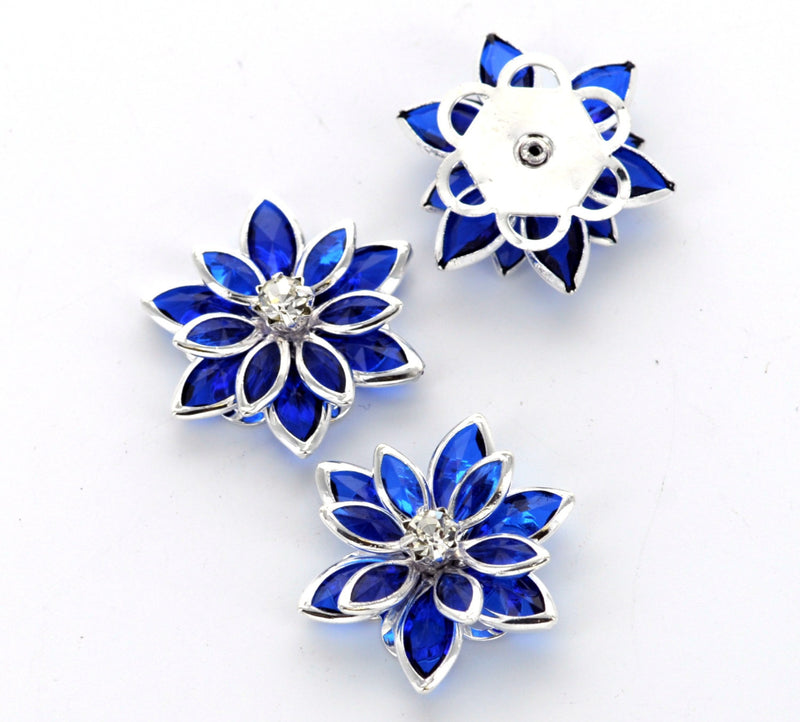 2 Rhinestone POINSETTIA BLUE 3d FLOWER Connector Link Findings 24mm x 20mm . fin0034