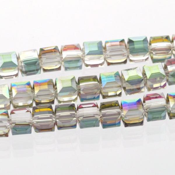 6mm Faceted Crystal CUBE Beads, Precision Cut, Metallic NORTHERN LIGHTS ab, 10" strand about 50 beads, bgl0602b