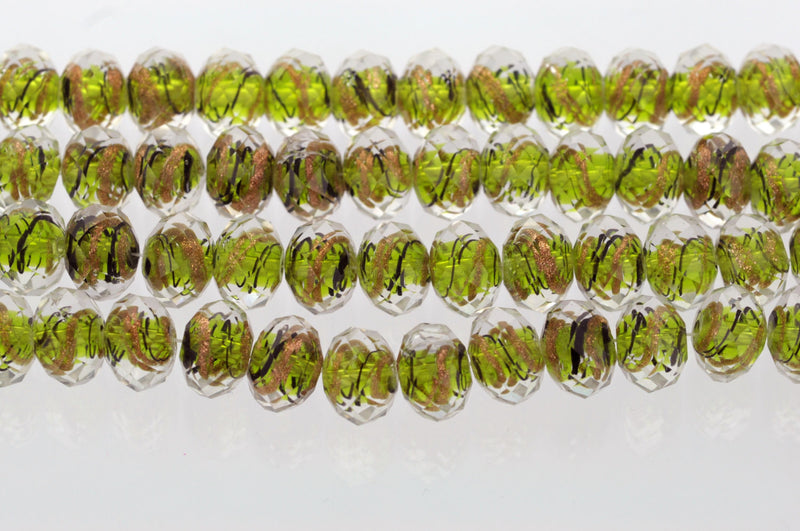 6 pcs Kelly Green, Black, Copper Striped Faceted Glass Rondelle Beads . 12mm x 9mm  bgl0722