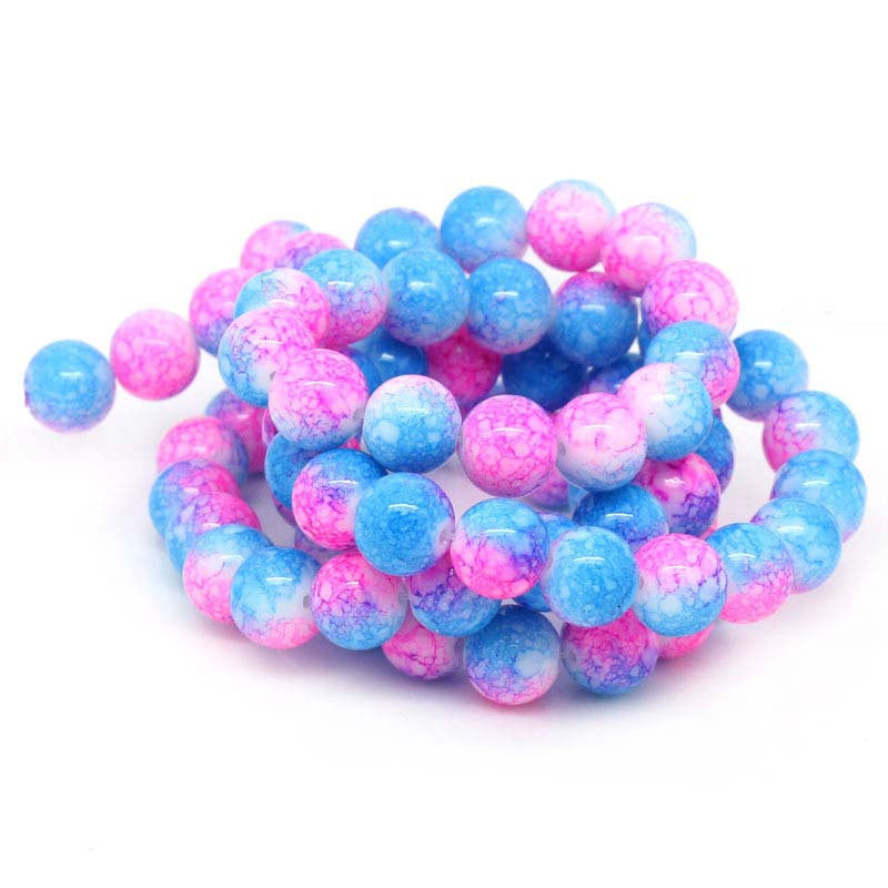 12mm Rose PINK, White and BLUE Swirl Marble Glass Beads . 30 beads . bgl0261
