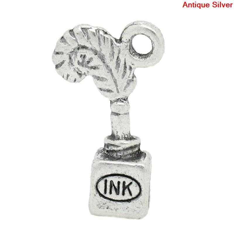 10 Silver Pewter Old Fashioned INK WELL and Quill Pen Charm Pendants . chs0042