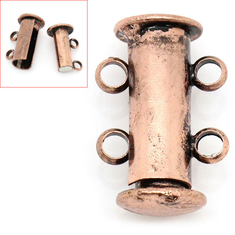 2 Magnetic 2-strand COPPER Plated Slider Connector Clasps, 15x10mm  for Multi Strand Bracelets and Necklaces fcl0071