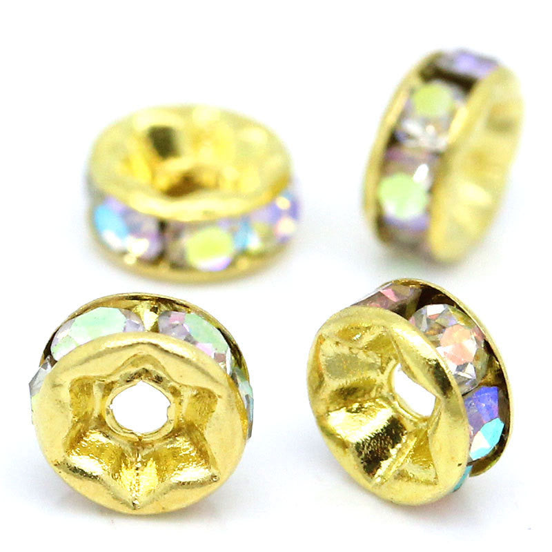 10 Gold Plated CLEAR AB Coated Rhinestone Crystal Spacer Rondelle Beads  5mm   bme0076