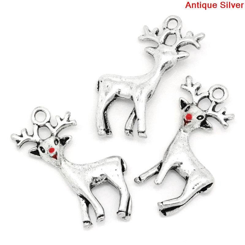 4 Silver Pewter CHRISTMAS REINDEER Charm Pendants, Rudolph with red enamel nose chs0659