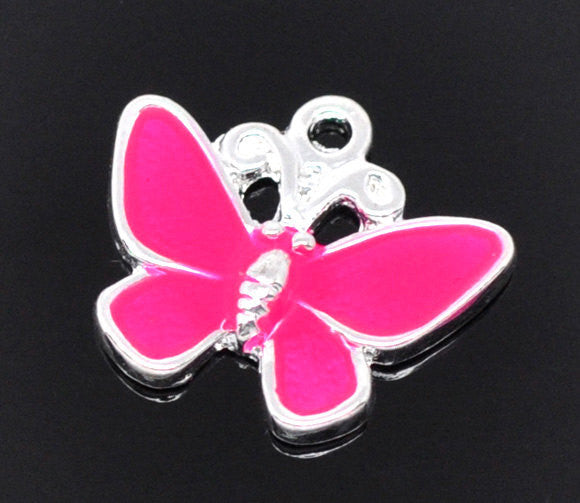2 Silver Enamel HOT PINK Butterfly Charm Pendants . 19mm x 17mm. Che0029