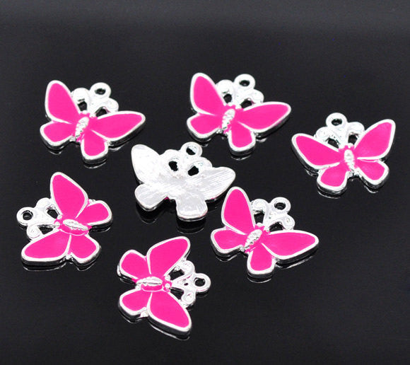 2 Silver Enamel HOT PINK Butterfly Charm Pendants . 19mm x 17mm. Che0029