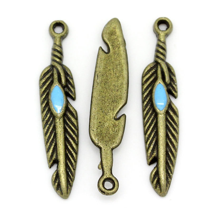 10 Bronze Indian Native American FEATHER Charm Pendants with TURQUOISE blue enamel accent. Chb0107