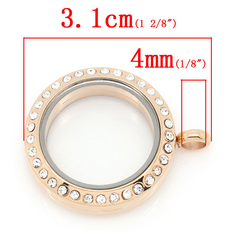 1 Rhinestone Floating Locket Pendant, magnetic clasp,  rose gold plated over stainless steel, rhinestones, glass front and back cho0049