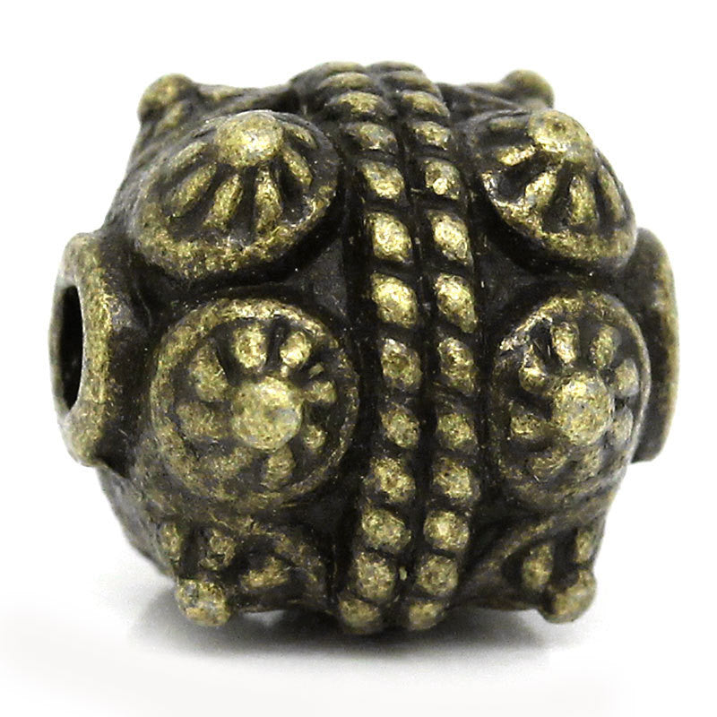 6 Large Antique BRONZE Tone Round Charm Spacer Beads . Bali style  11mm x 10mm    bme0169
