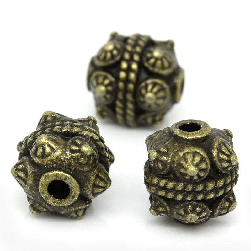 6 Large Antique BRONZE Tone Round Charm Spacer Beads . Bali style  11mm x 10mm    bme0169