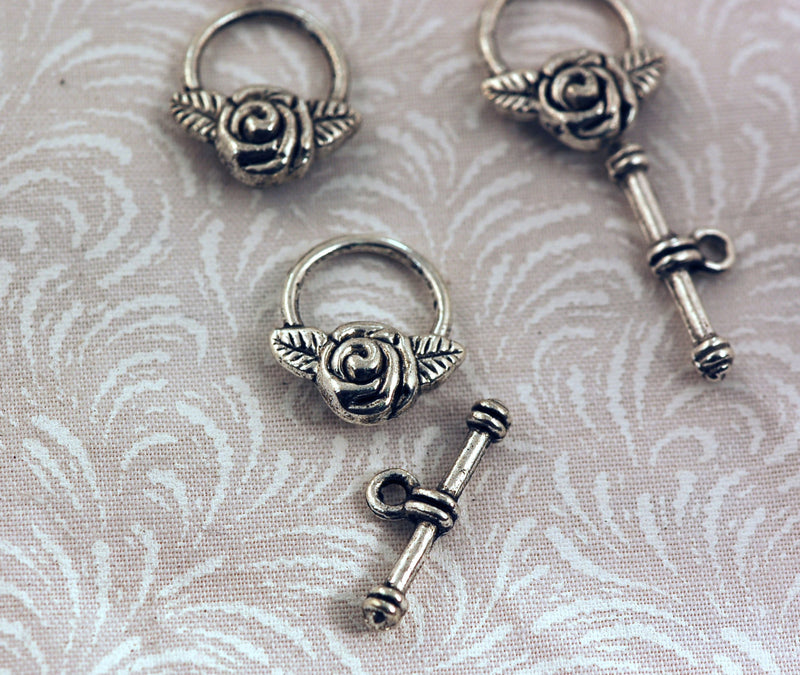 Silver Tone Toggle Clasps . Rose Flower . 5 sets  fcl0044a