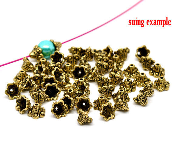 25 Small FLOWER BEAD CAPS .  Antique Gold . Tulip  10mm x 5mm  fin0086a