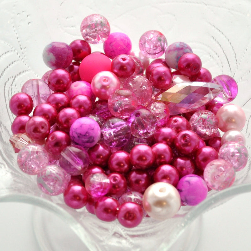 PRETTY PINK Glass Bead Soup Mix, Crystal, crackle glass, lampwork, crystals, pearls 3" x 4" bag bgl0889
