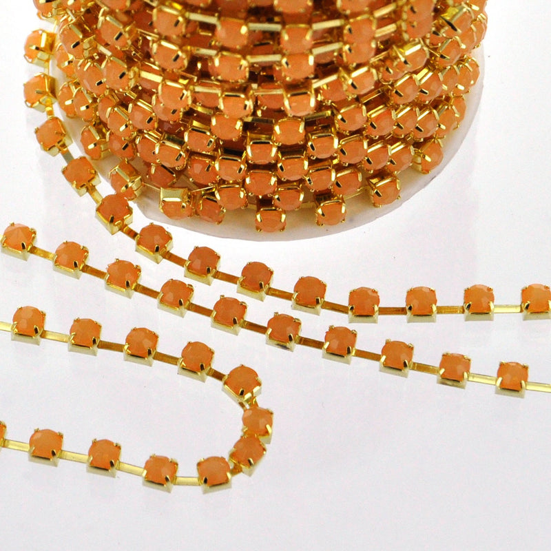1 yard ( 3 feet ) Rhinestone Cup Chain, 4mm, gold brass base metal and PEACH COBBLER opaque glass crystals fch0165