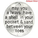 2 BEACH Charms, May you always have a shell in your pocket & sand between your toes, Stamped Silver Metal Oval Charms, 30mm x 26mm, CHS0018