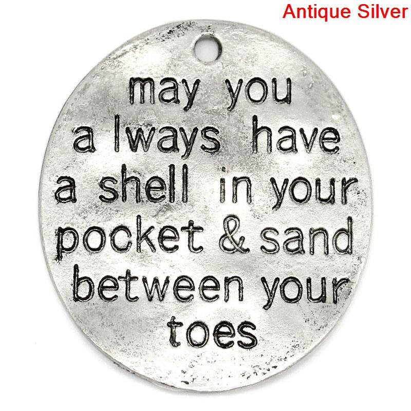 2 BEACH Charms, May you always have a shell in your pocket & sand between your toes, Stamped Silver Metal Oval Charms, 30mm x 26mm, CHS0018